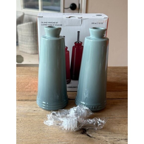 Le Creuset Other - Le Creuset Stoneware Signature 10 oz Oil & Vinegar Set Sea Salt NEW